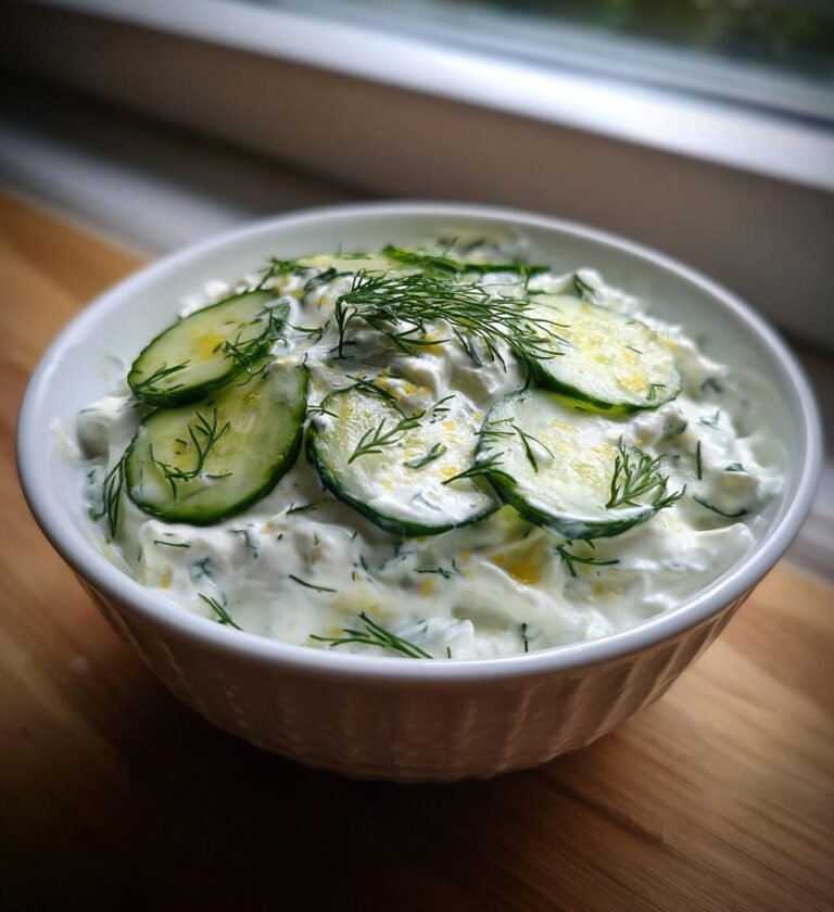 homemade tzatziki dip with fresh cucumber and dill